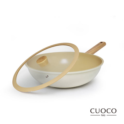 【義大利CUOCO】純淨自然系列-超級陶瓷鑄造IH原木炒鍋28cm(附蓋)+牛排鍋28cm