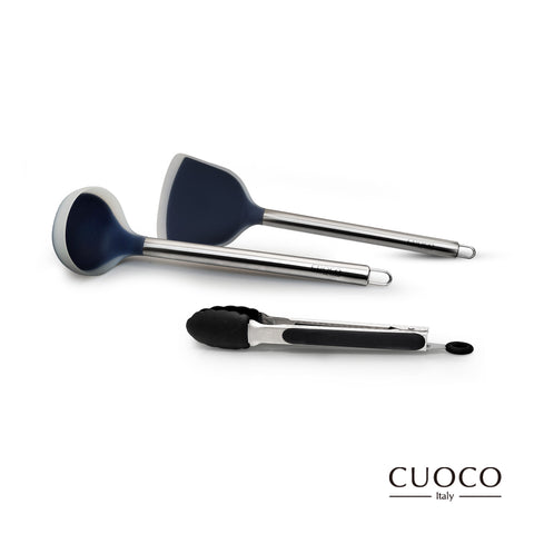 【義大利CUOCO】質感不鏽鋼柄-矽膠廚具3件組(炒鏟+湯勺+料理夾)