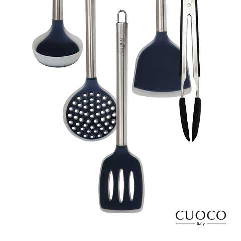 【義大利CUOCO】矽膠廚具6件組(湯勺+濾勺+炒鏟+煎鏟+料理夾+掛座)