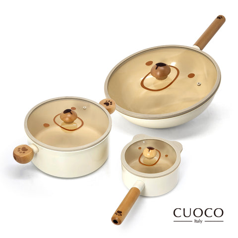 【義大利CUOCO】北歐系列-暖白小熊IH不沾鍋具組(炒鍋+湯鍋+奶鍋)