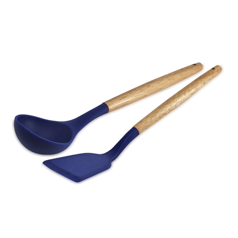 橡膠木紋柄矽膠廚具2件組(炒鏟+湯勺)-藍色