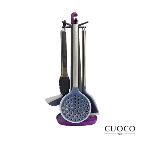 【義大利CUOCO】矽膠廚具5件組(湯勺+濾勺+煎鏟+料理夾+掛座)