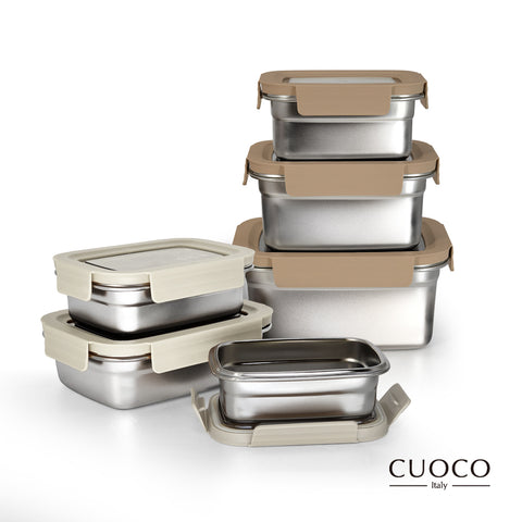【義大利CUOCO】304可微波不鏽鋼白色+奶茶色雙色蓋長方保鮮盒6件組(400ml+600ml+650ml+950ml+1000ml+1500ml)
